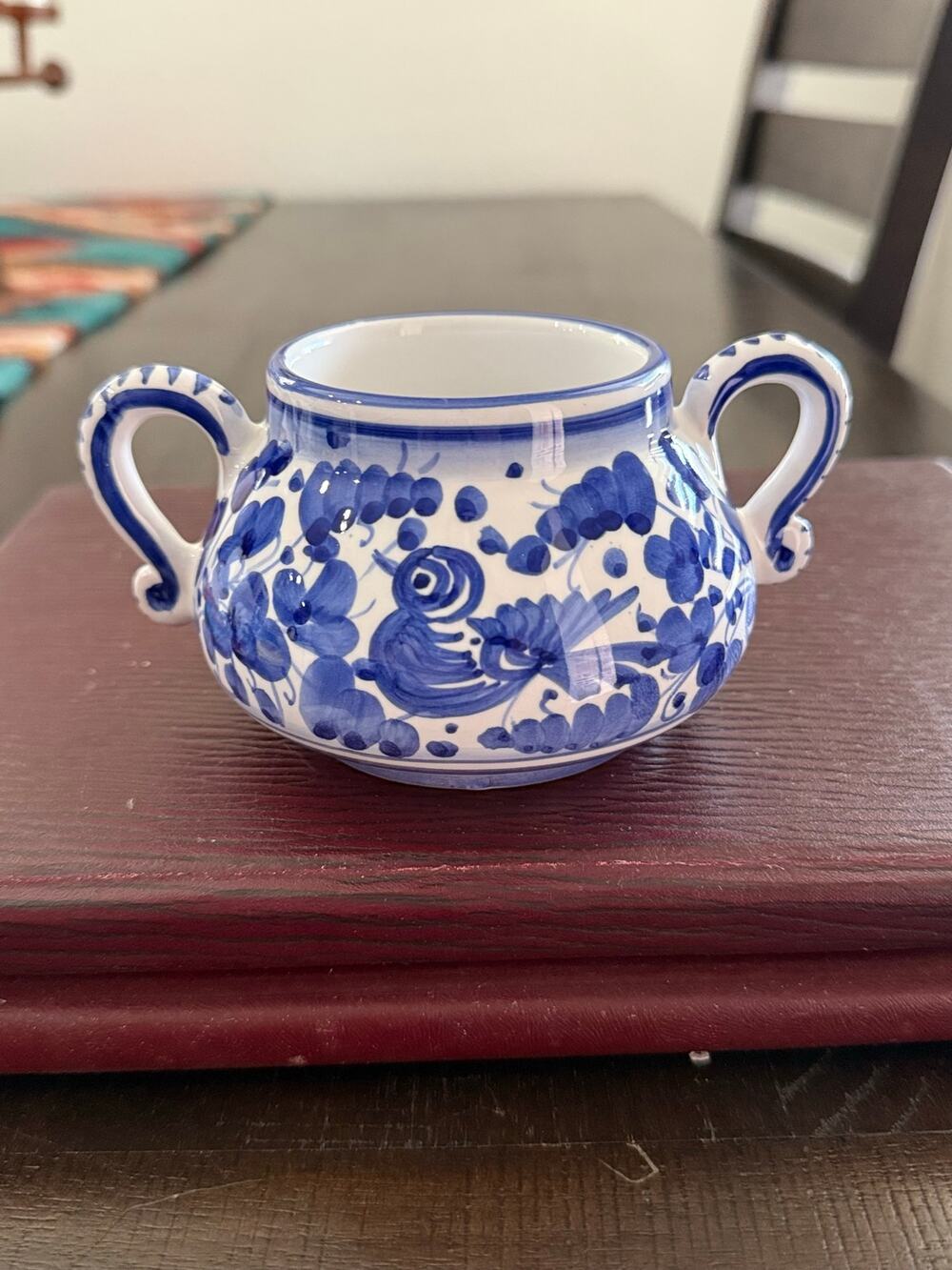 Casaviva Made in Italy Blue White Hand Painted Ceramic Sugar Bowl Double Handle